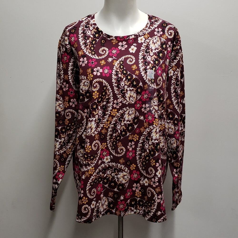 Kim Rogers Perfectly Soft Long Sleeve Crew Burgundy Paisley Women's Size 2X
